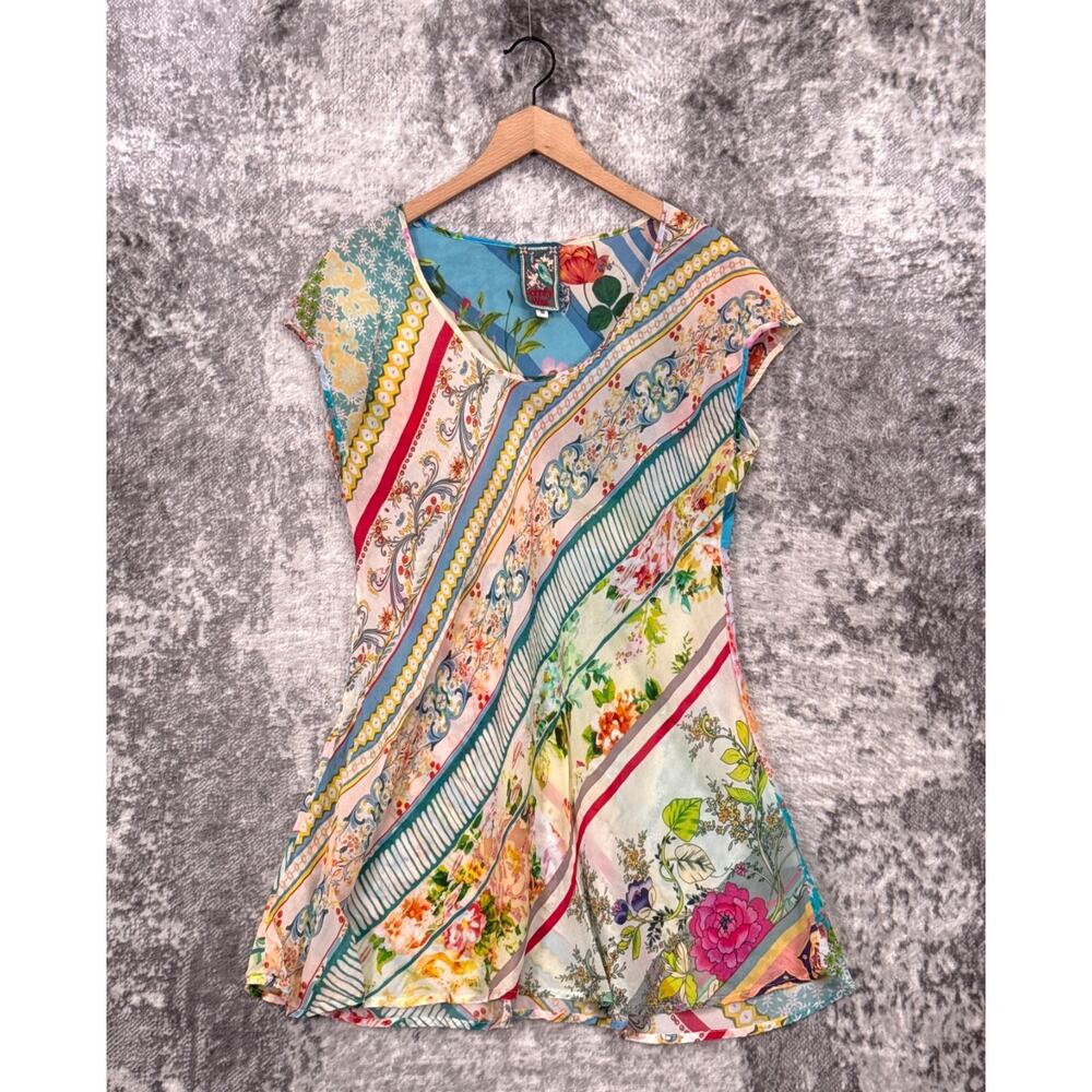Johnny Was Multicolor Floral Stripe V-Neck Blouse